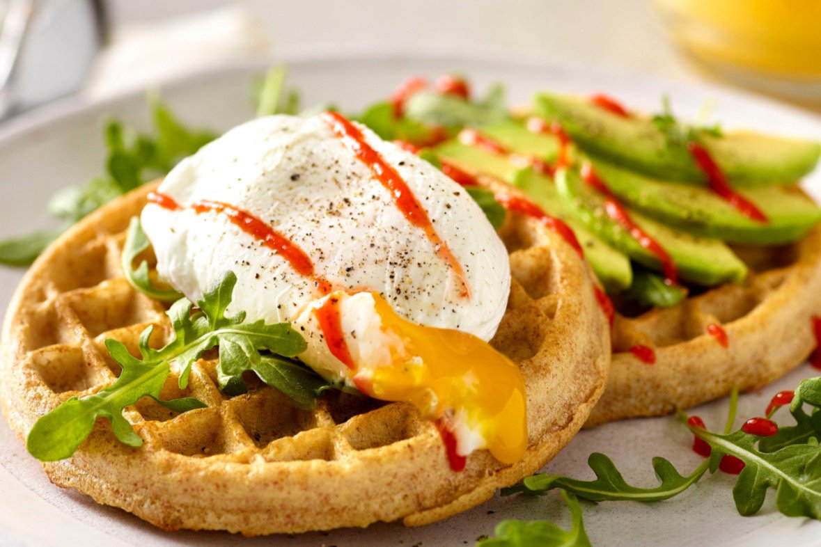 Whole grain waffles and eggs