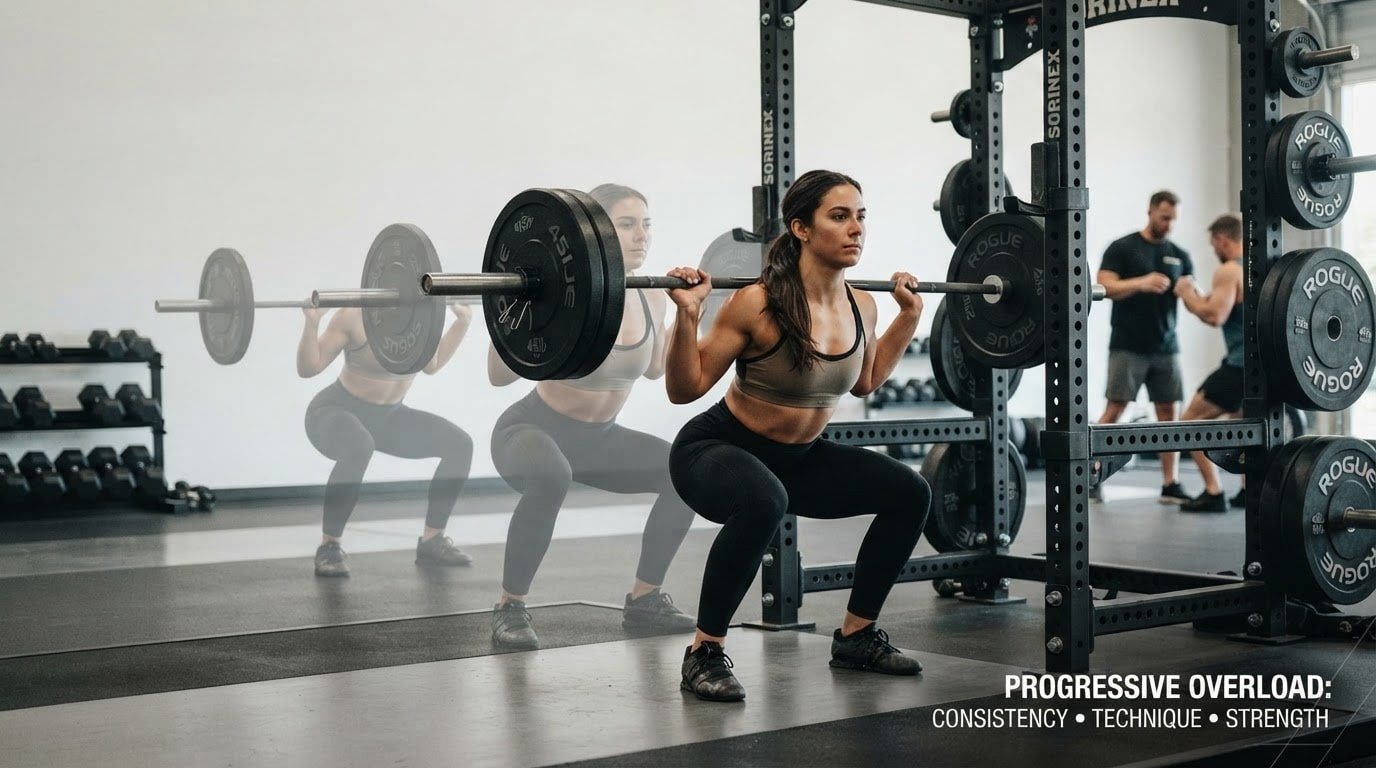 Woman performing a barbell back squat to demonstrate progressive overload