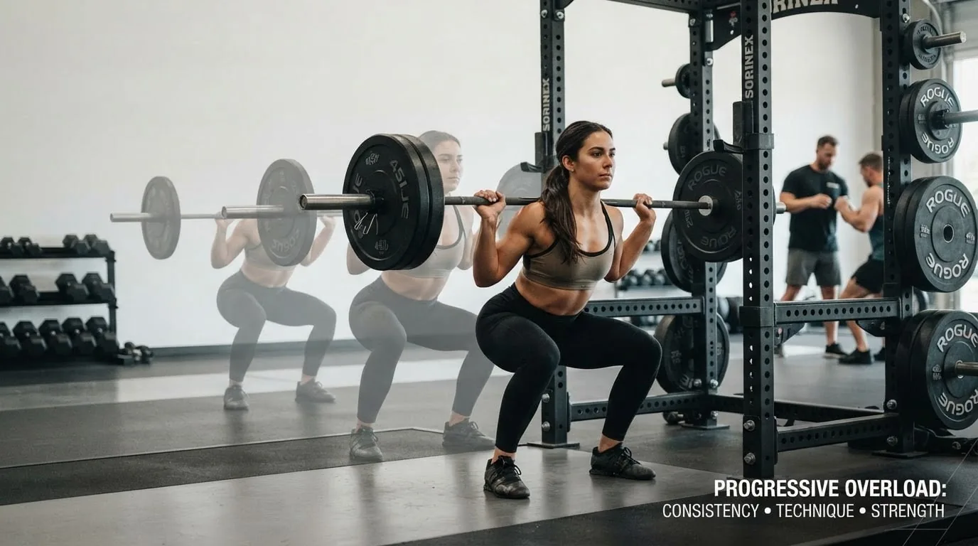 Woman performing a barbell back squat to demonstrate progressive overload