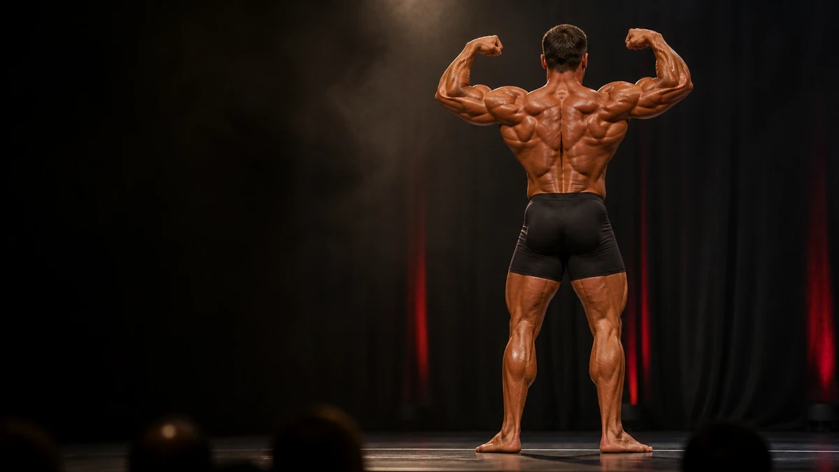 Bodybuilder demonstrating a classic rear pose under stage lighting