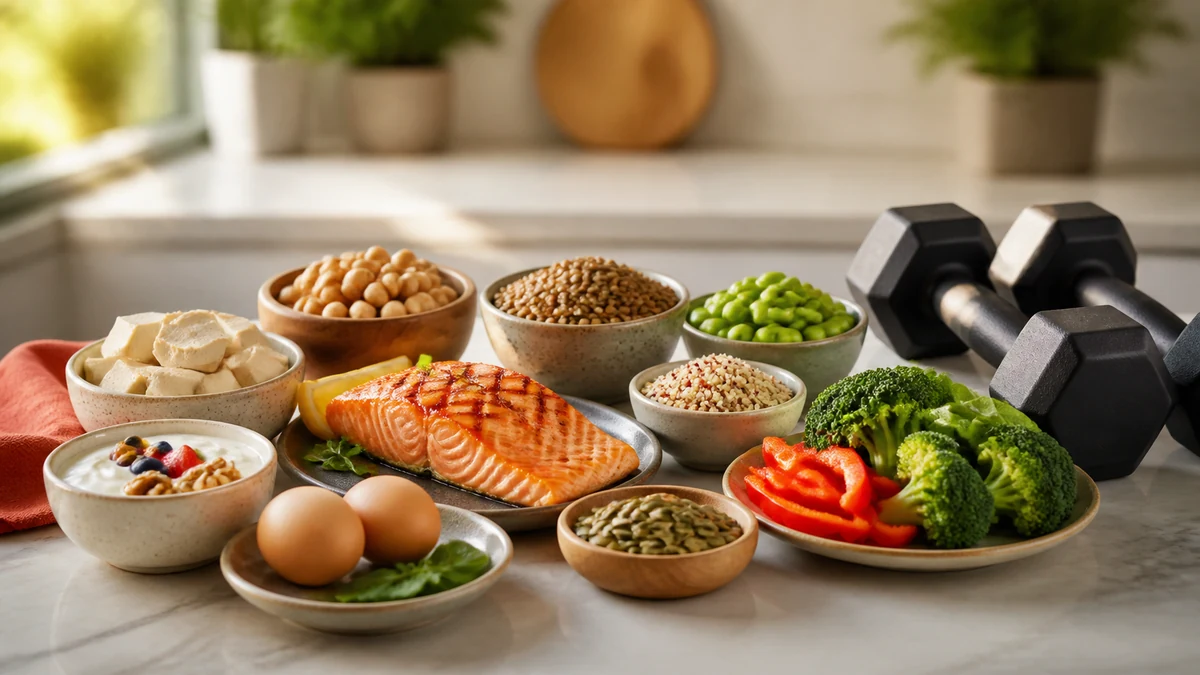 Balanced high-protein foods beside dumbbells for healthy aging