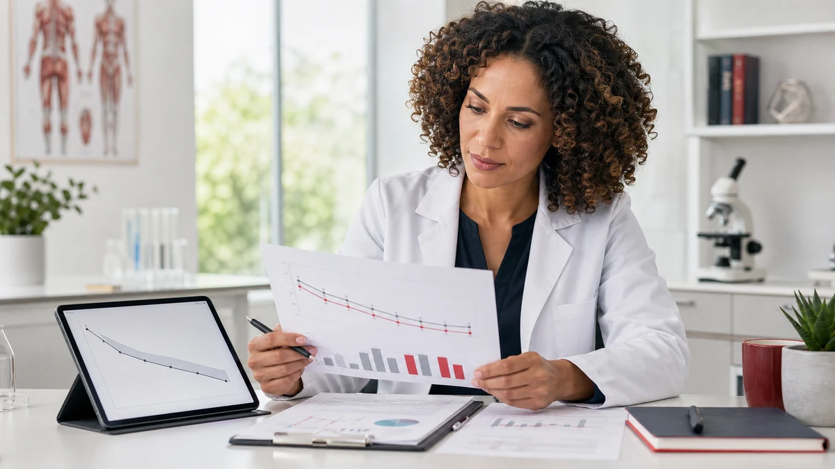 Clinician reviewing weight-loss research and a body-weight chart
